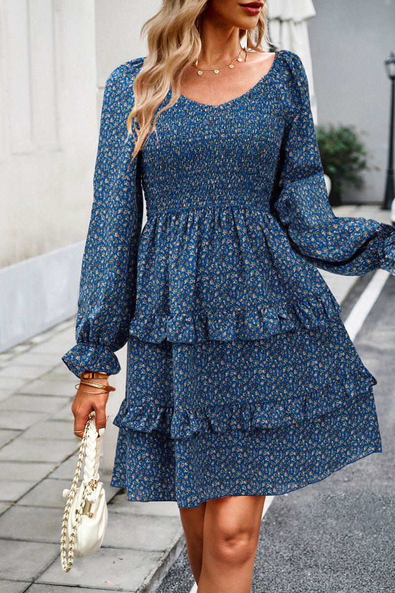 WOMEN LONG SLEEVE RUFFLE TIRED FLORAL FLOWY DRESS