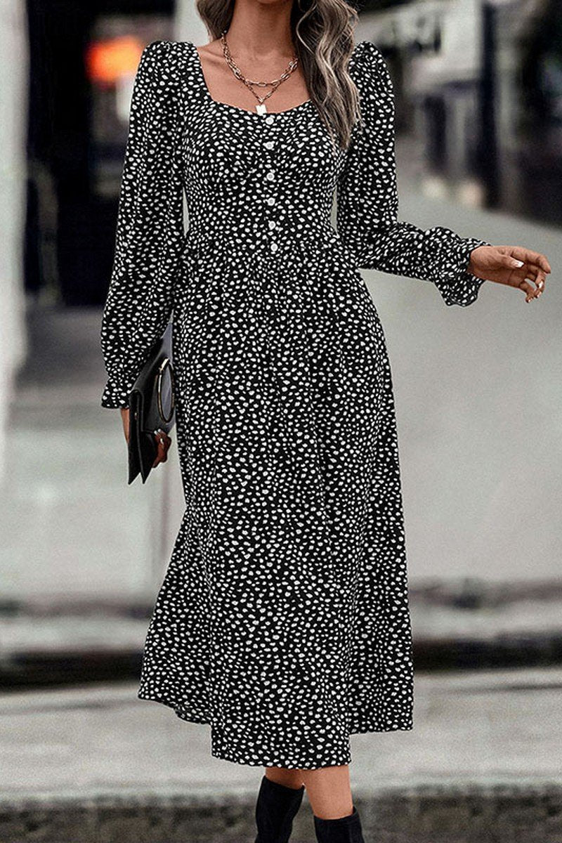WOMEN DEEP SQUARE NECK LONG SLEEVE PATTERN DRESS