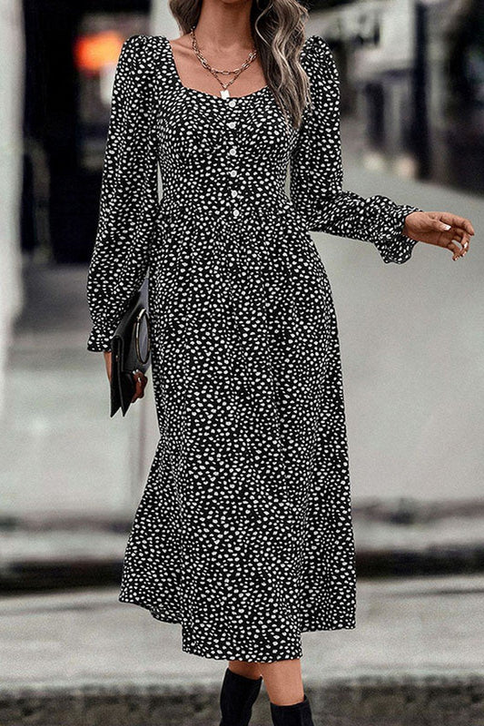 WOMEN DEEP SQUARE NECK LONG SLEEVE PATTERN DRESS