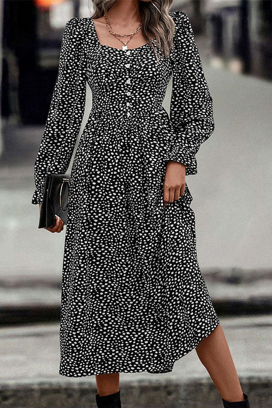 WOMEN DEEP SQUARE NECK LONG SLEEVE PATTERN DRESS