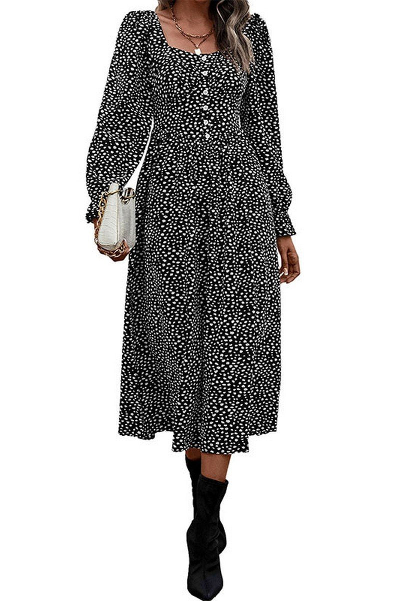 WOMEN DEEP SQUARE NECK LONG SLEEVE PATTERN DRESS
