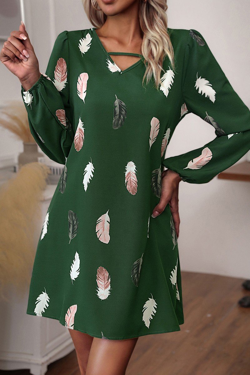 WOMEN V NECK FEATHER PRINT LONG SLEEVE MINI DRESS