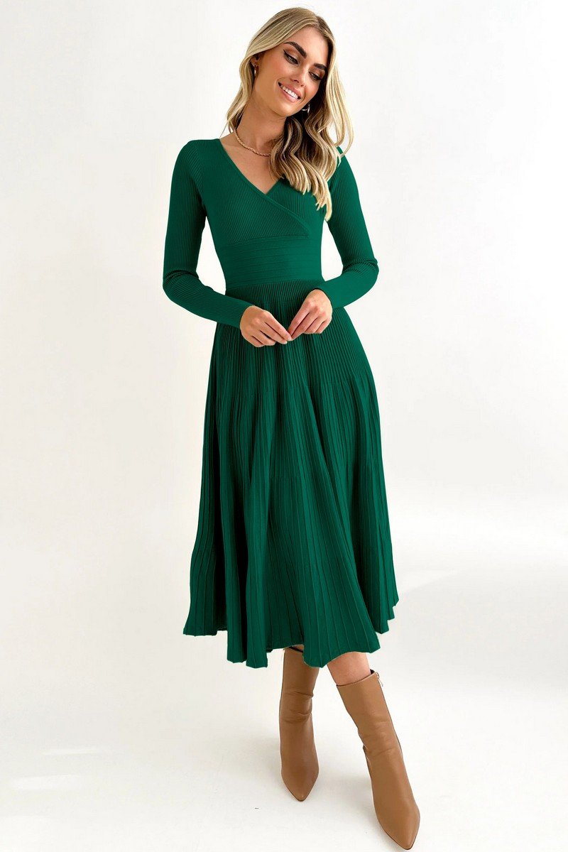 WOMEN HIGH WAIST V NECK TIGHT LONG SLEEVE DRESS