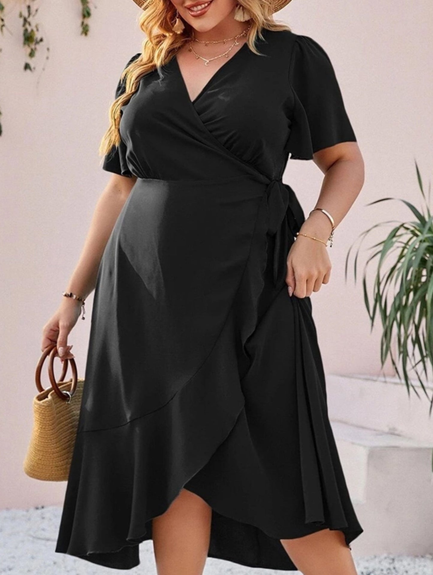 Large Size Black Slim Fit Dress with Slit