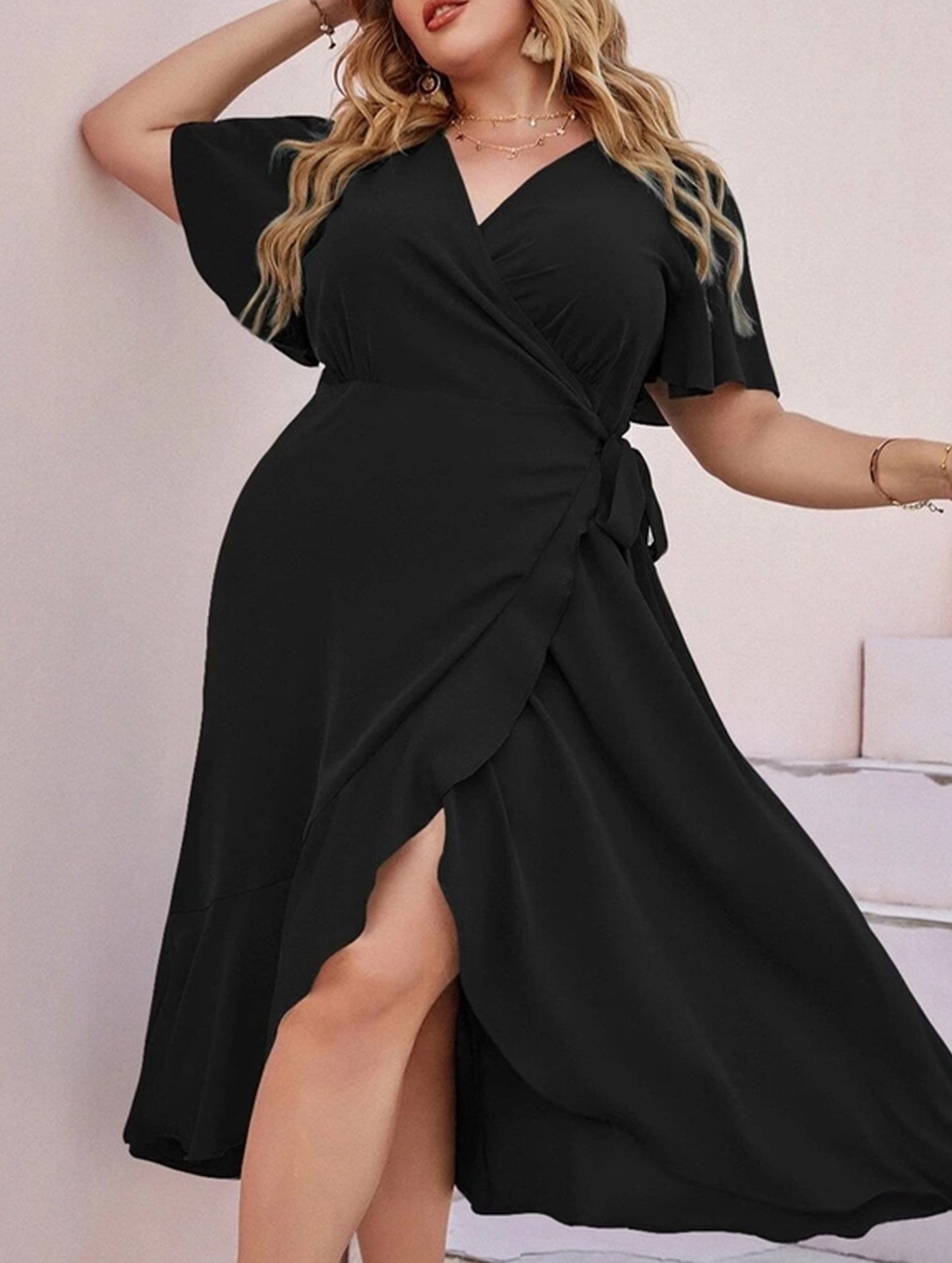 Large Size Black Slim Fit Dress with Slit