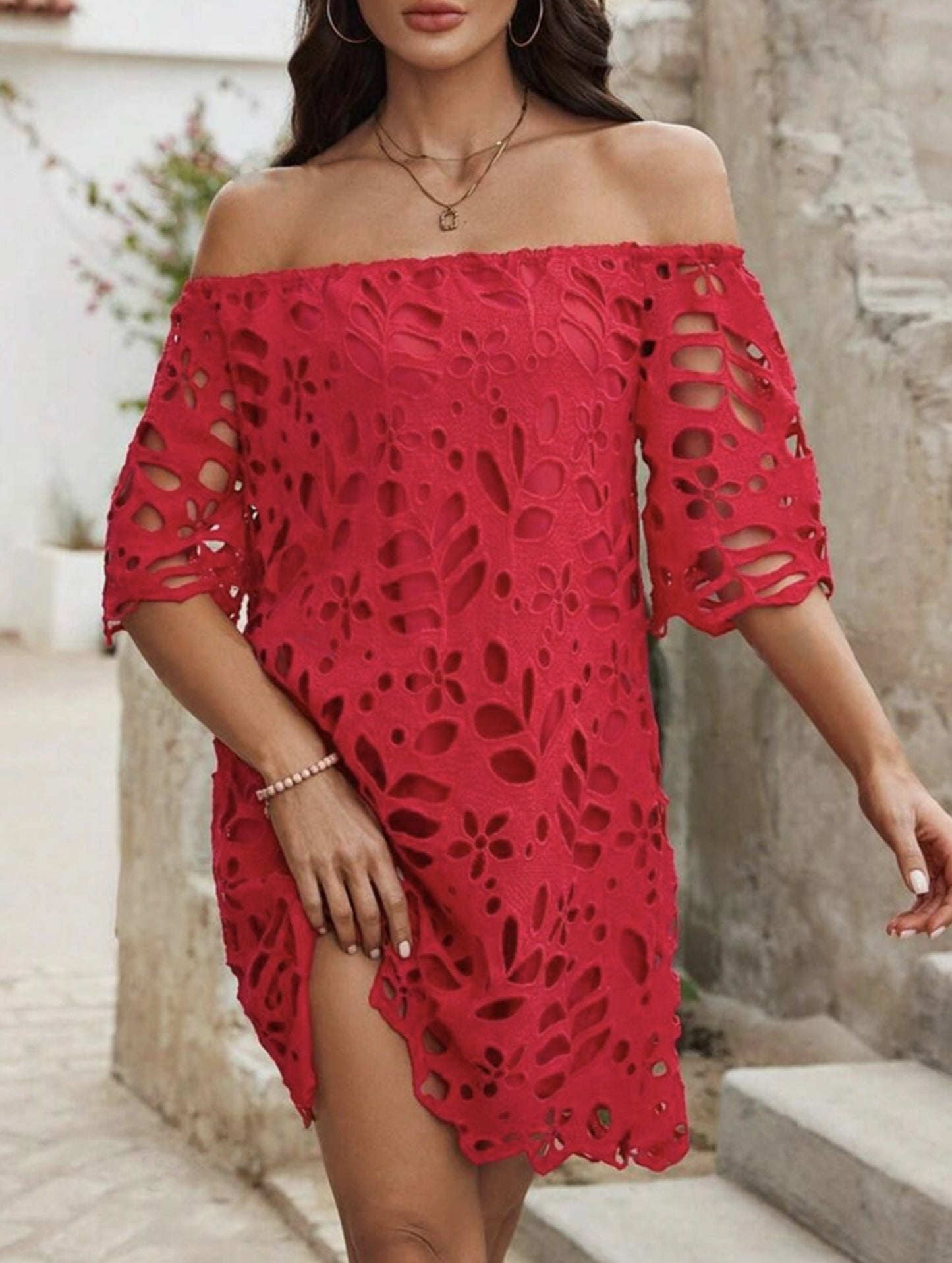 Lace Strapless Dress with Shoulder Cutout ??Elegant Fit, S??œXXL