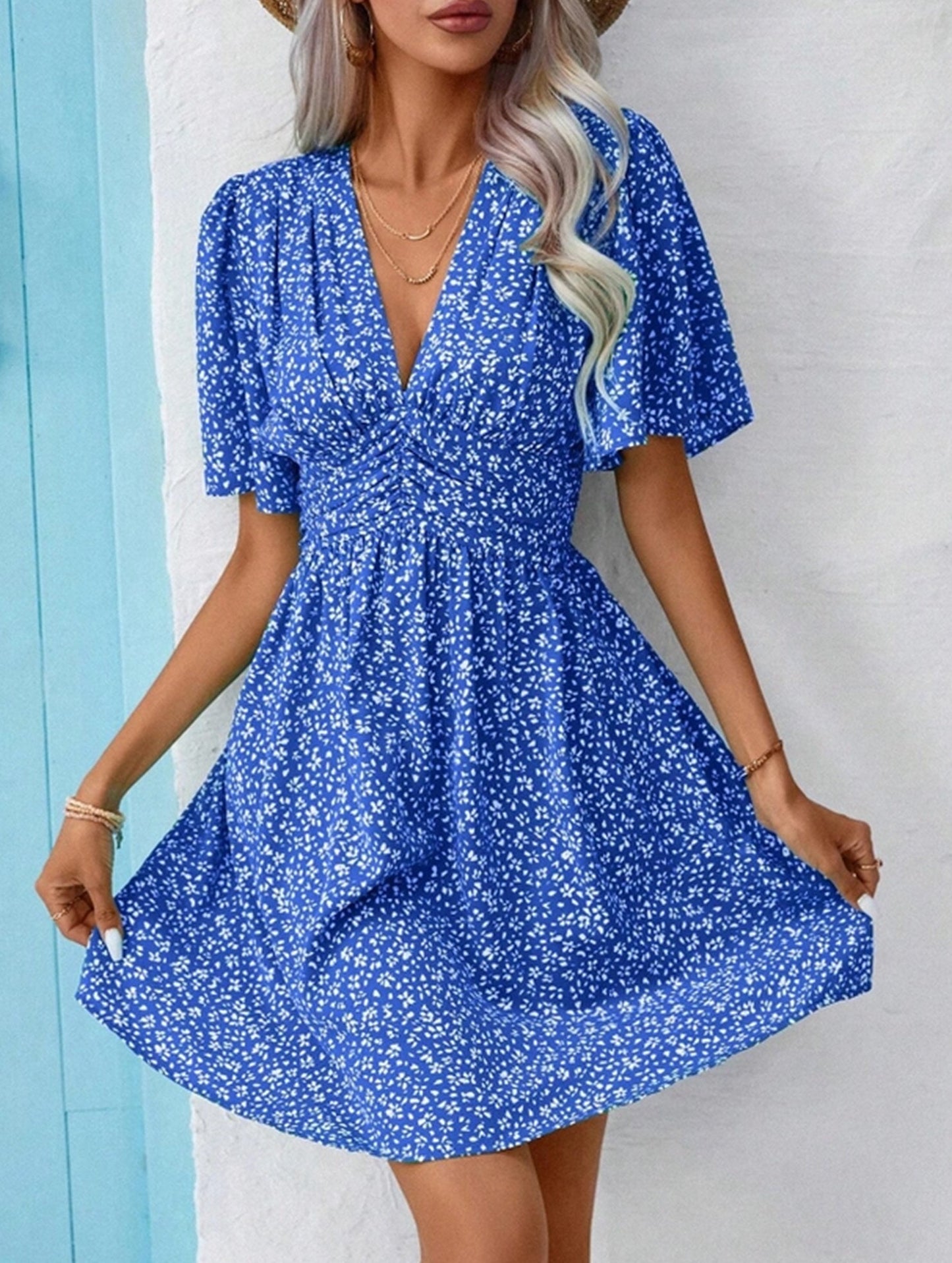 V-Neck High-Waisted Floral Pleated Dress ??Lightweight Polyester, S??œXXL