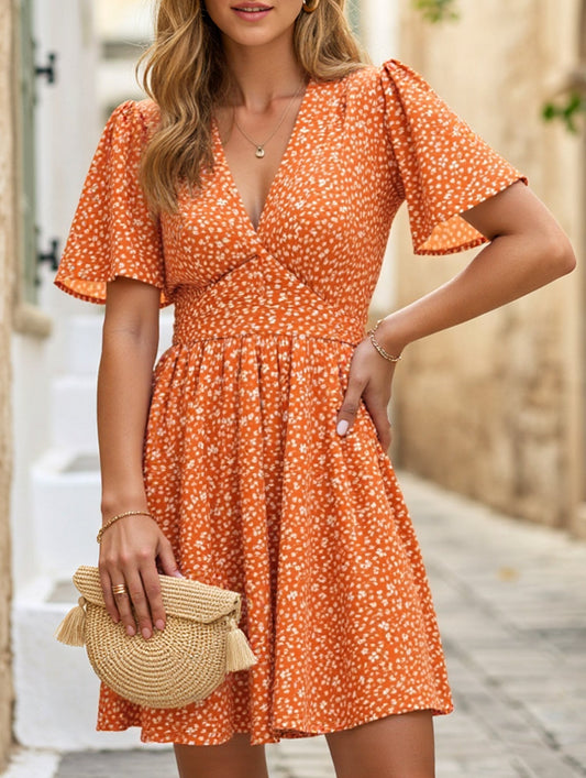 V-Neck High-Waisted Floral Pleated Dress ??Lightweight Polyester, S??œXXL