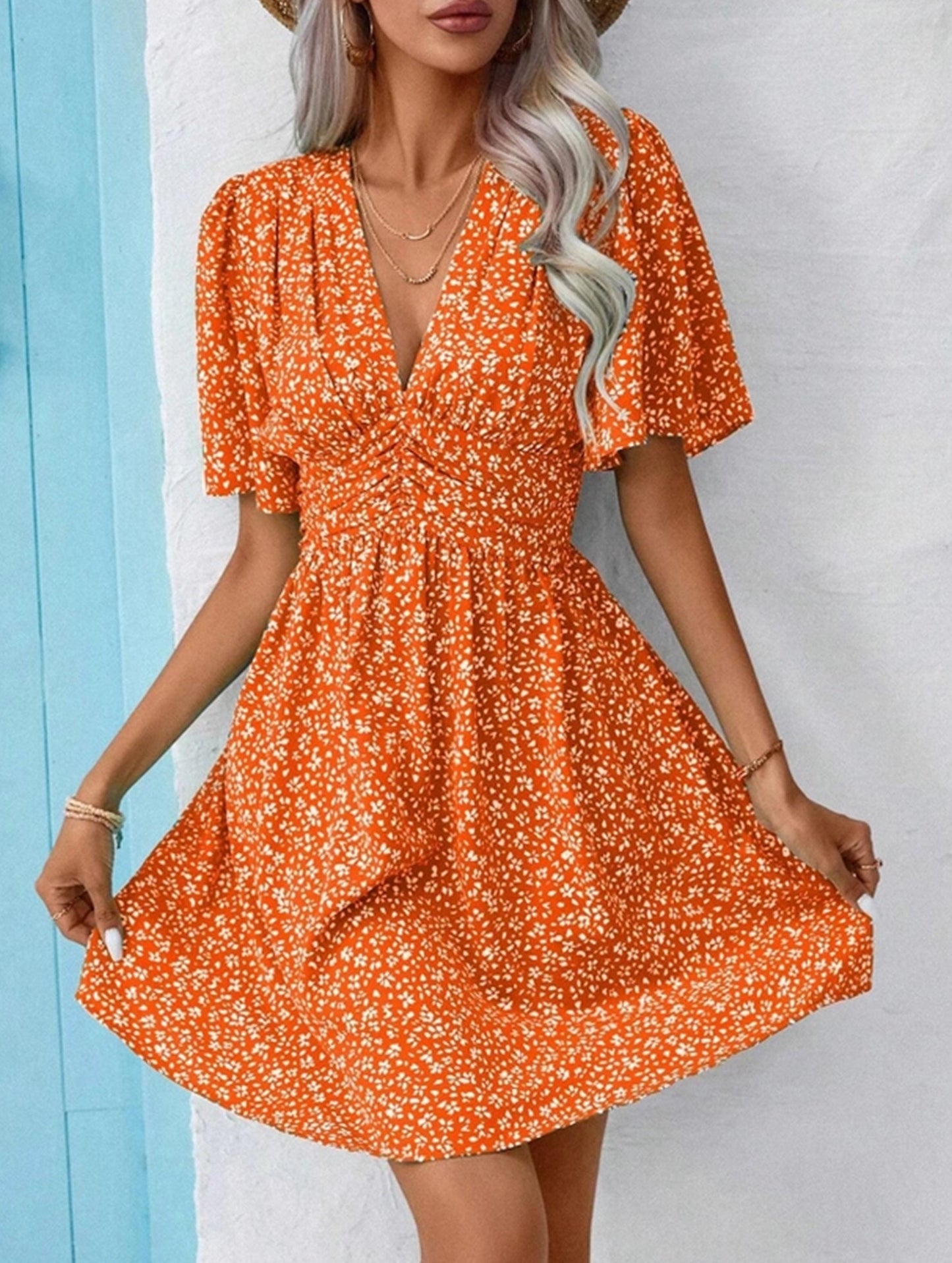 V-Neck High-Waisted Floral Pleated Dress ??Lightweight Polyester, S??œXXL