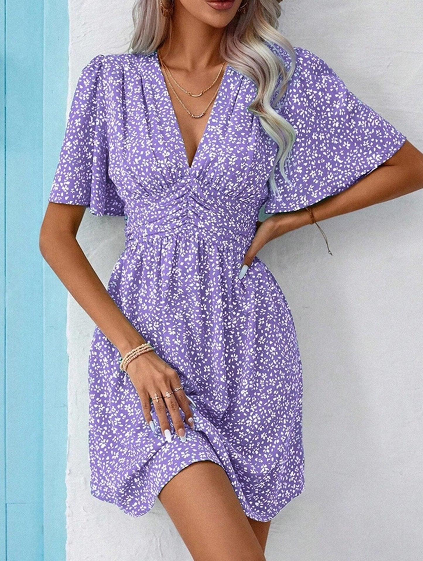 V-Neck High-Waisted Floral Pleated Dress ??Lightweight Polyester, S??œXXL