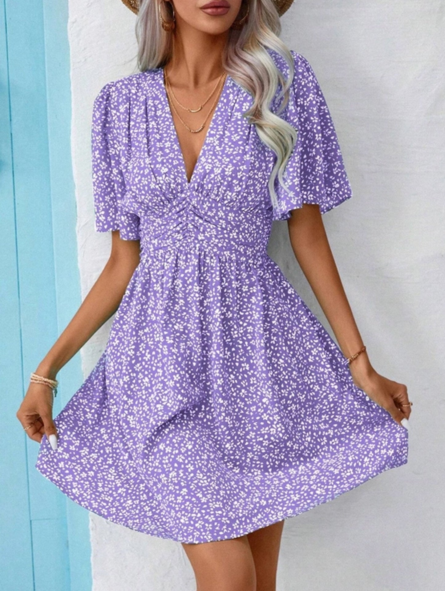 V-Neck High-Waisted Floral Pleated Dress ??Lightweight Polyester, S??œXXL
