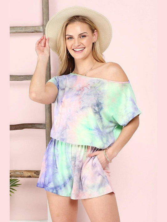 OFF SHOULDER ELASTIC WAIST ROMPER - Doublju