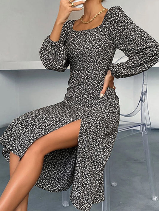 LONG-SLEEVED FLORAL SQUARE COLLAR FRENCH DRESS