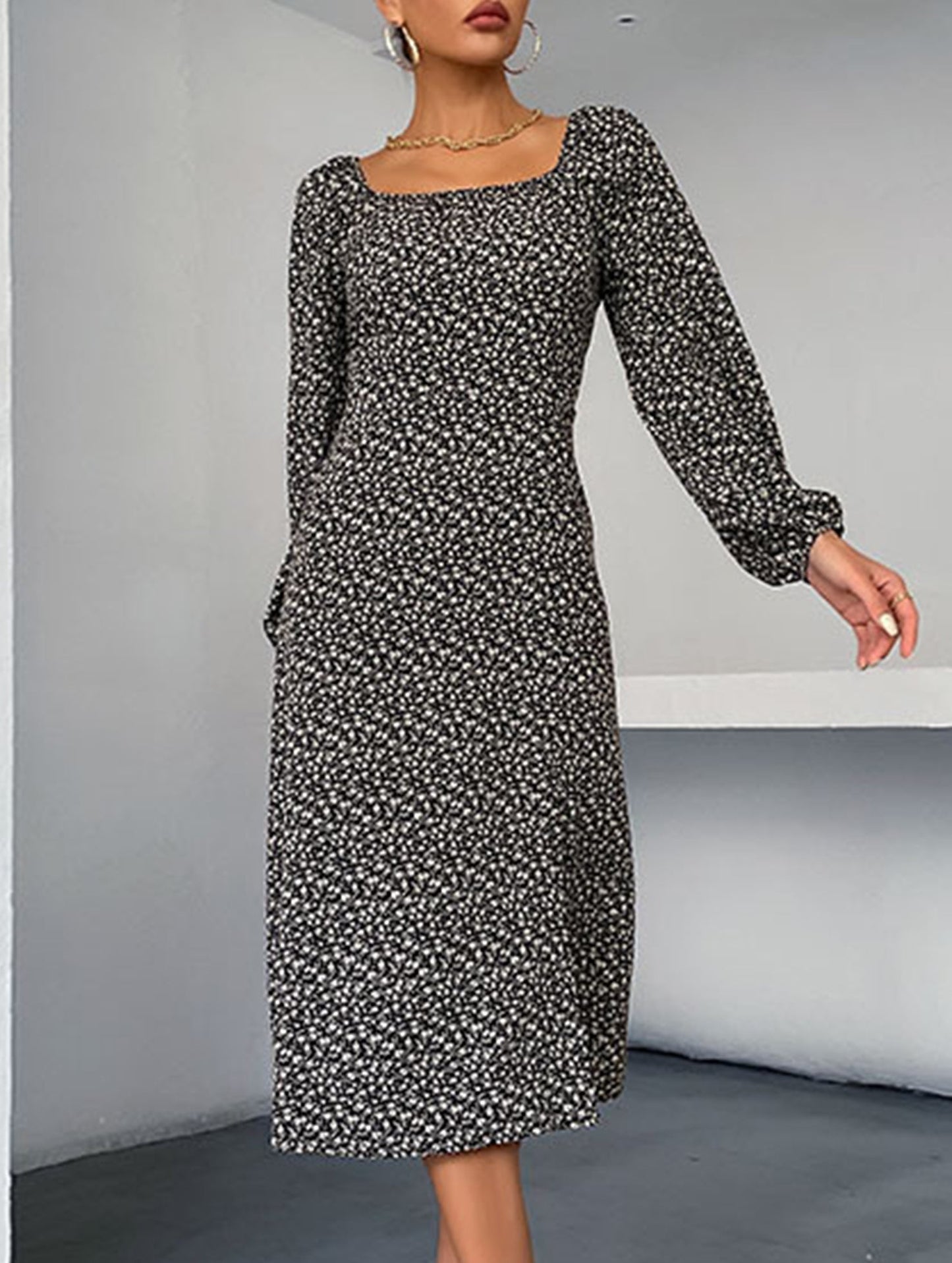 LONG-SLEEVED FLORAL SQUARE COLLAR FRENCH DRESS