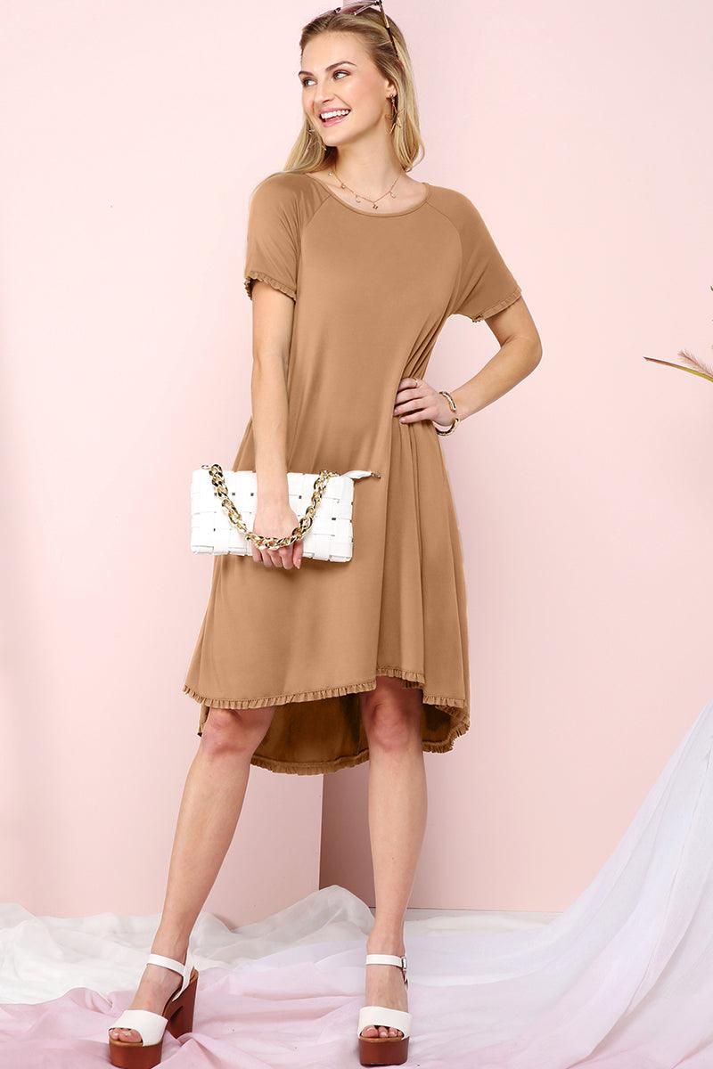 RUFFLE DETAIL DRESS WITH SIDE POCKET - Doublju