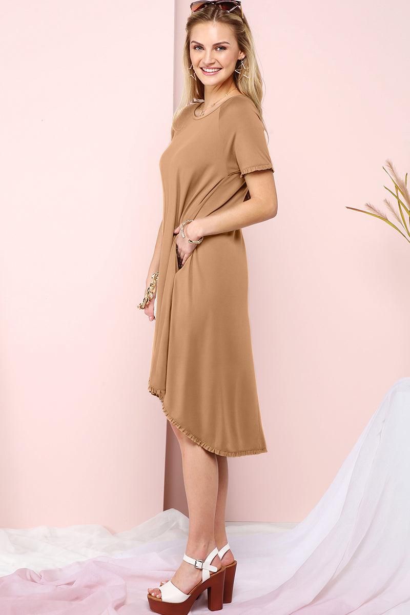 RUFFLE DETAIL DRESS WITH SIDE POCKET - Doublju