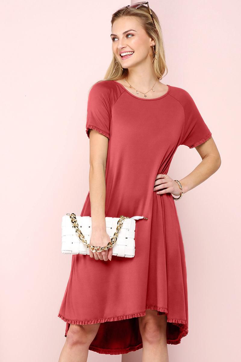 RUFFLE DETAIL DRESS WITH SIDE POCKET - Doublju