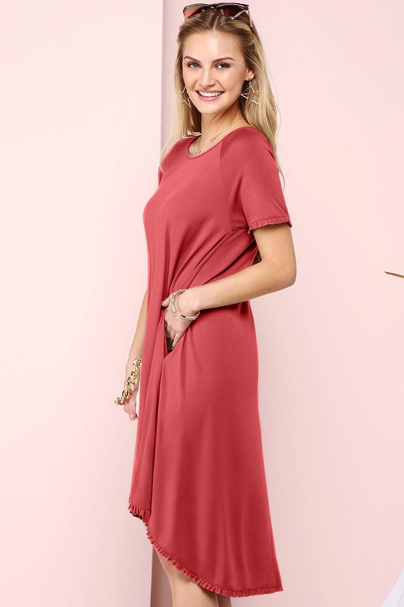 RUFFLE DETAIL DRESS WITH SIDE POCKET - Doublju