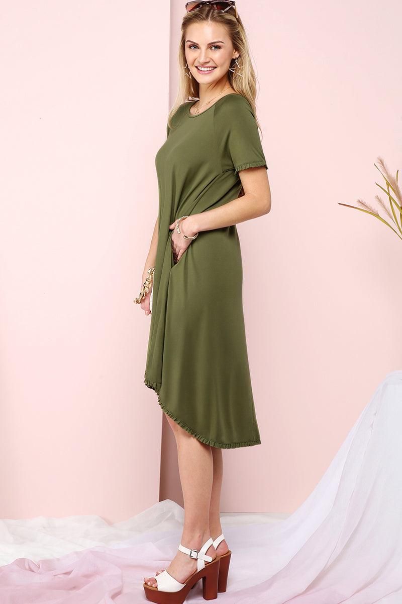 RUFFLE DETAIL DRESS WITH SIDE POCKET - Doublju
