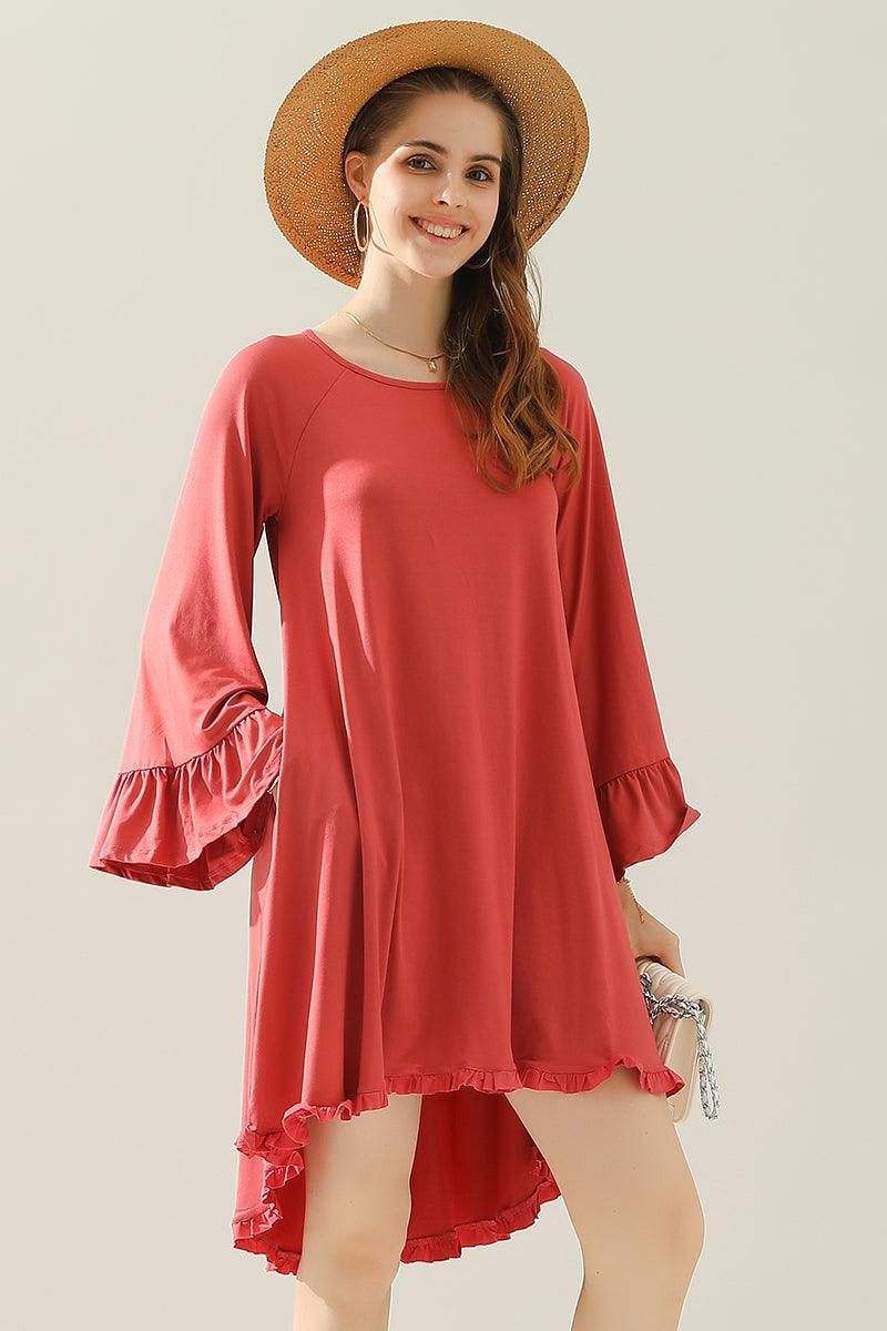 RUFFLE DETAIL LONG SLEEVE DRESS WITH SIDE POCKET - Doublju