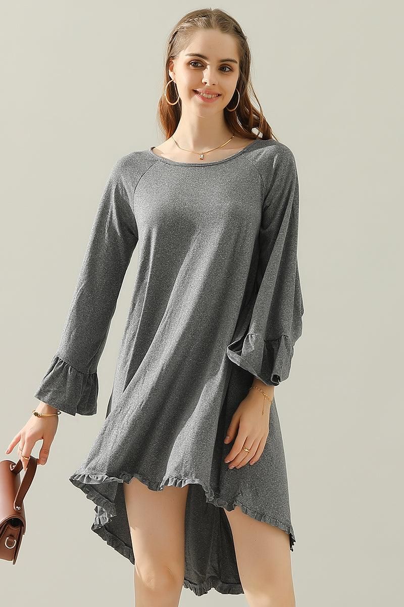 RUFFLE DETAIL LONG SLEEVE DRESS WITH SIDE POCKET - Doublju