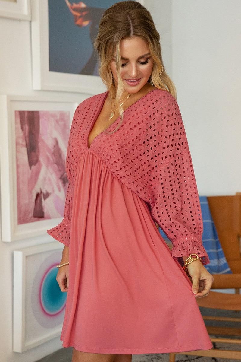 COTTON EYELET 3/4 SLEEVE DRESS - Doublju