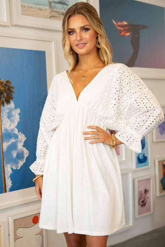 COTTON EYELET 3/4 SLEEVE DRESS - Doublju