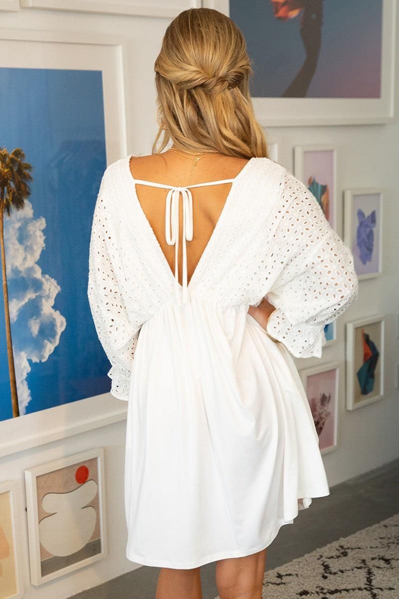 COTTON EYELET 3/4 SLEEVE DRESS - Doublju