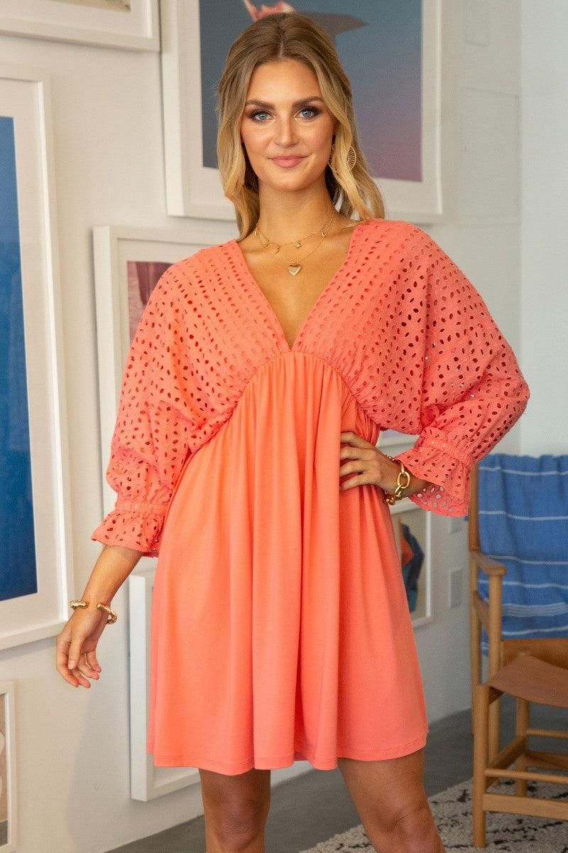 COTTON EYELET 3/4 SLEEVE DRESS - Doublju