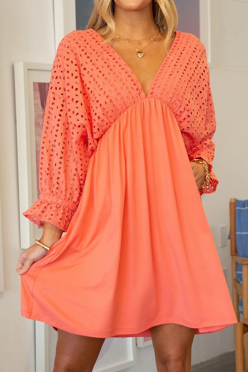 COTTON EYELET 3/4 SLEEVE DRESS - Doublju