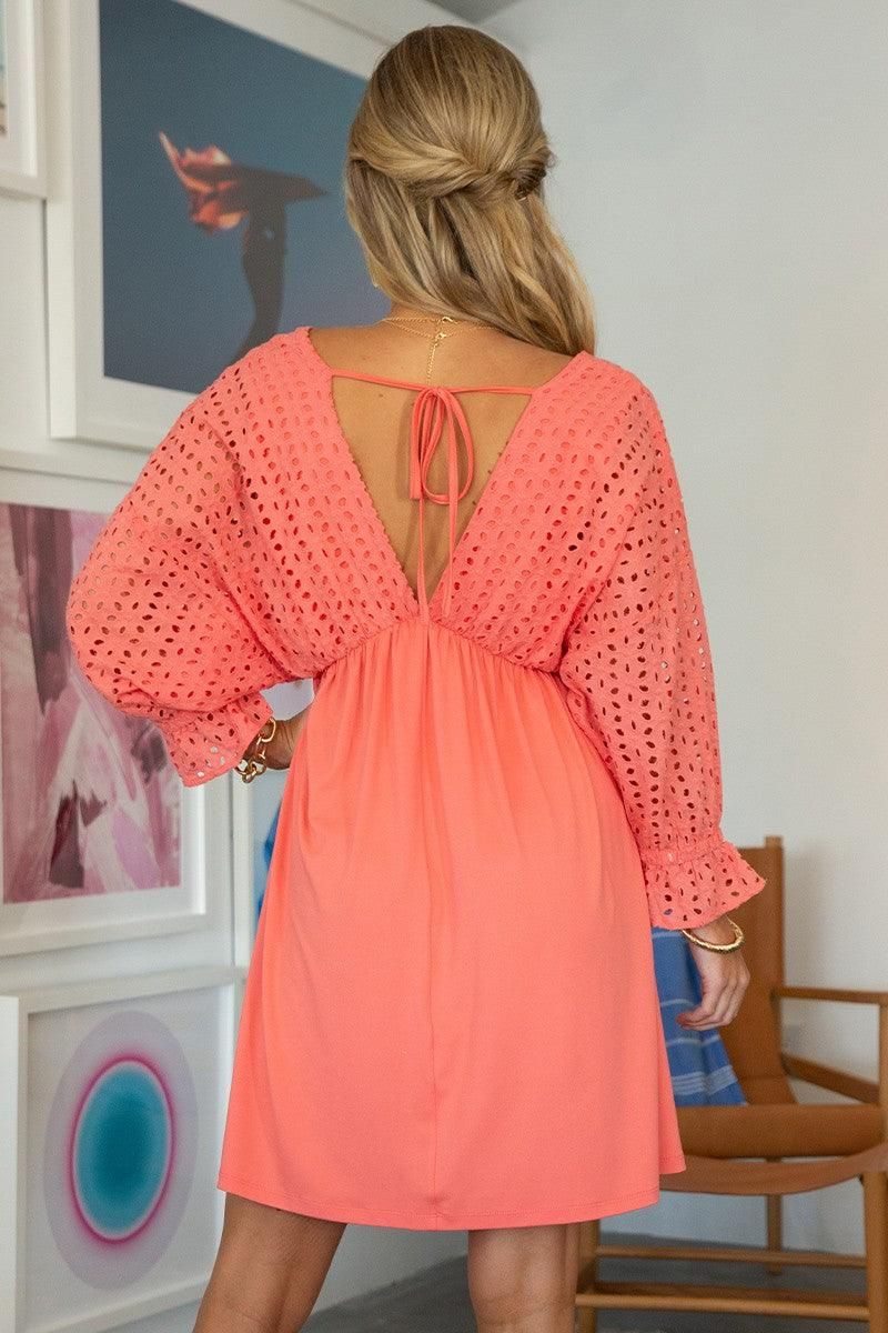 COTTON EYELET 3/4 SLEEVE DRESS - Doublju