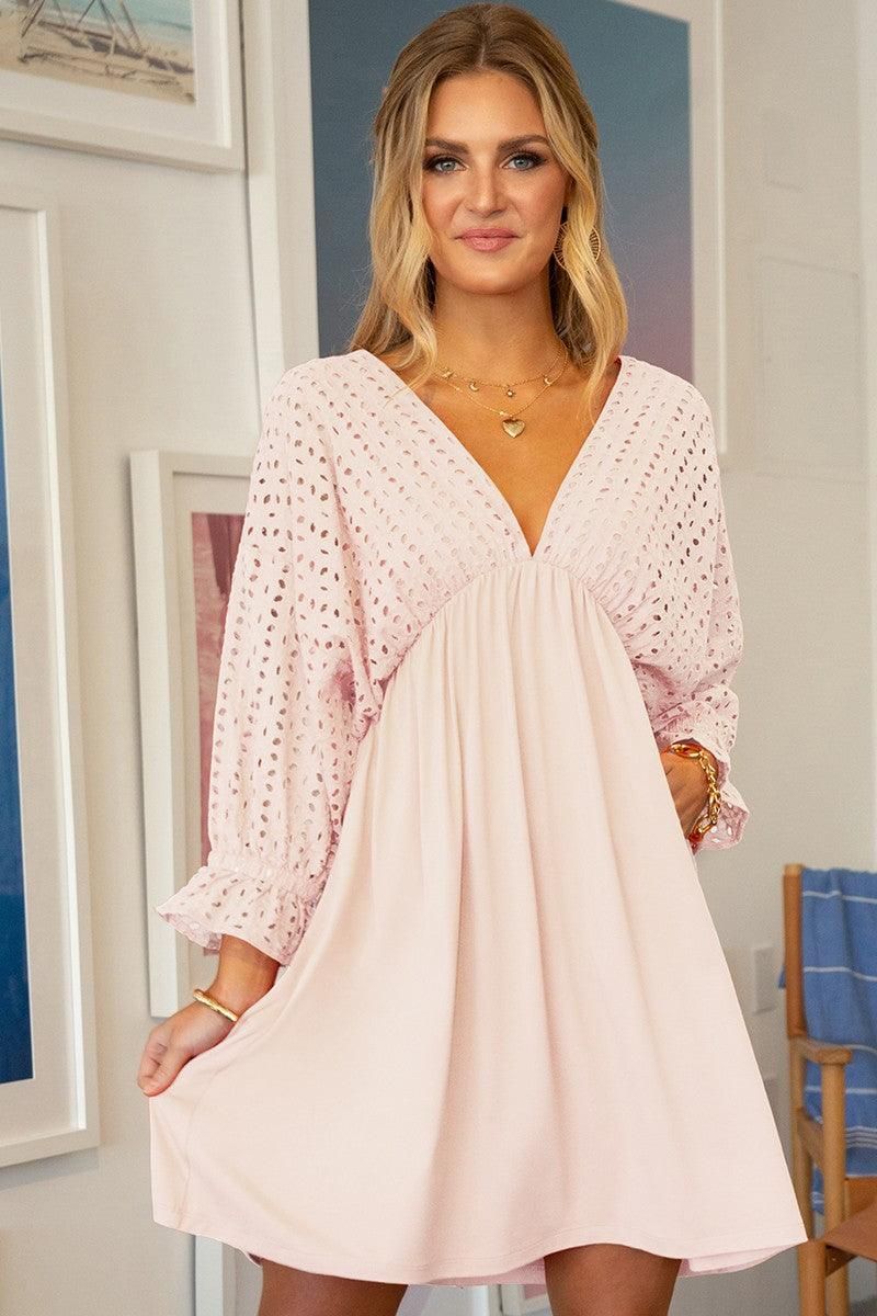 COTTON EYELET 3/4 SLEEVE DRESS - Doublju