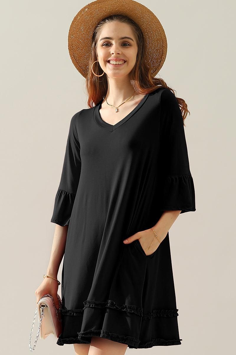 3/4 SLEEVE TIERED DRESS WITH SMALL RUFFLE DETAILS - Doublju