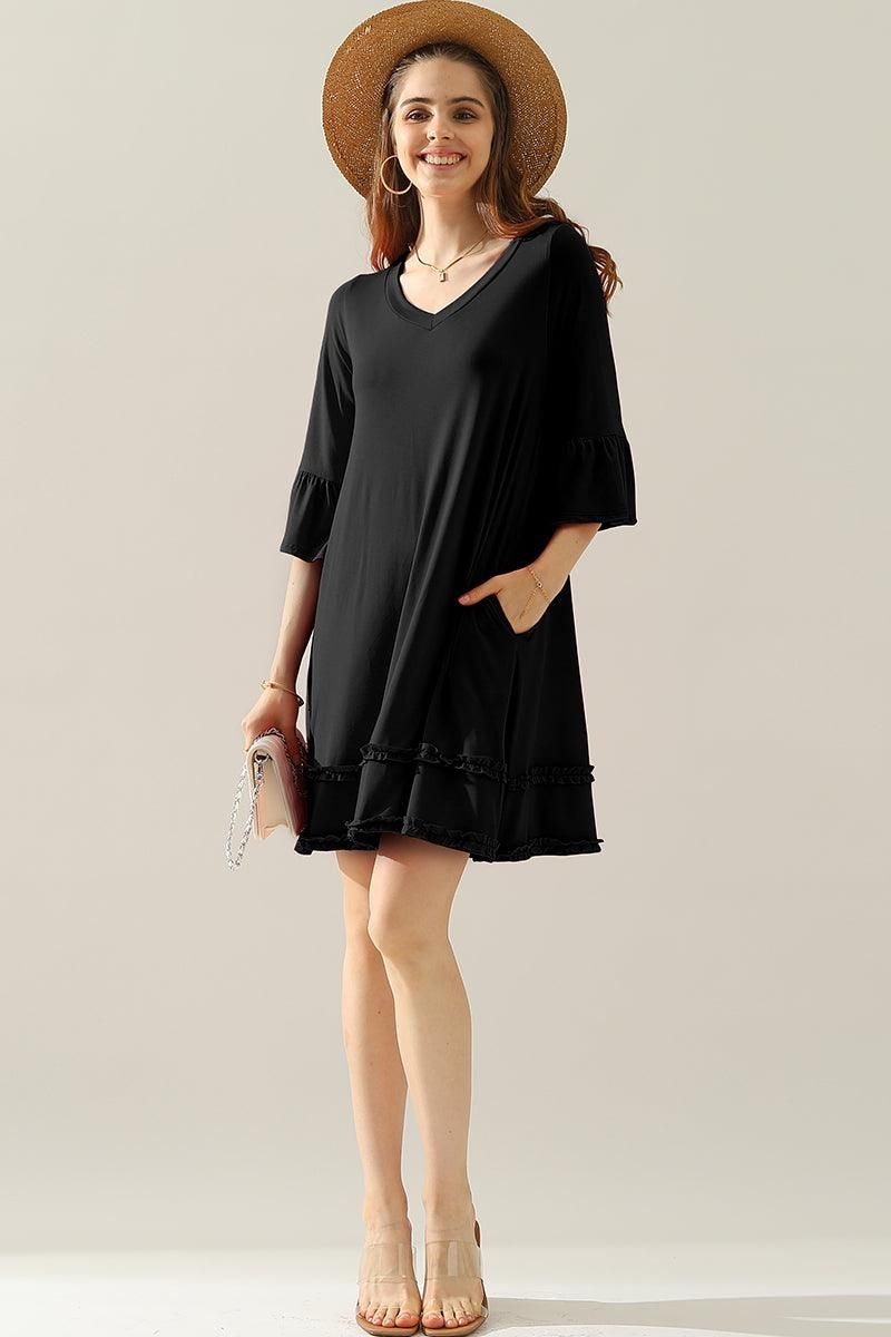 3/4 SLEEVE TIERED DRESS WITH SMALL RUFFLE DETAILS - Doublju