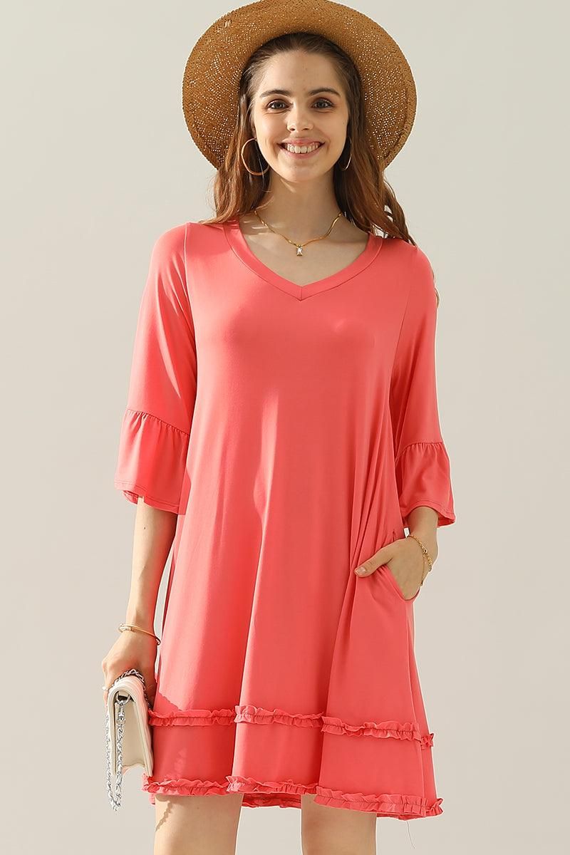 3/4 SLEEVE TIERED DRESS WITH SMALL RUFFLE DETAILS - Doublju