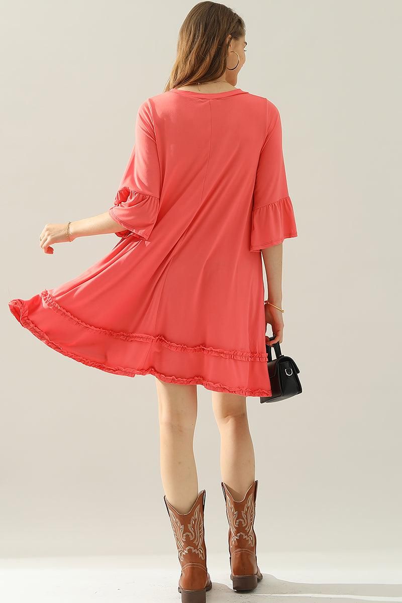 3/4 SLEEVE TIERED DRESS WITH SMALL RUFFLE DETAILS - Doublju