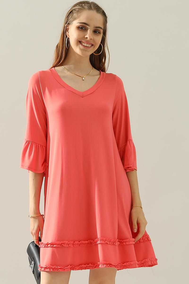 3/4 SLEEVE TIERED DRESS WITH SMALL RUFFLE DETAILS - Doublju