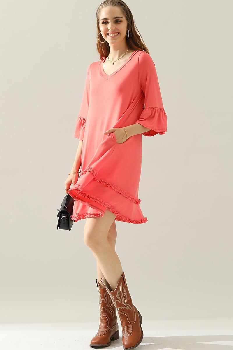 3/4 SLEEVE TIERED DRESS WITH SMALL RUFFLE DETAILS - Doublju