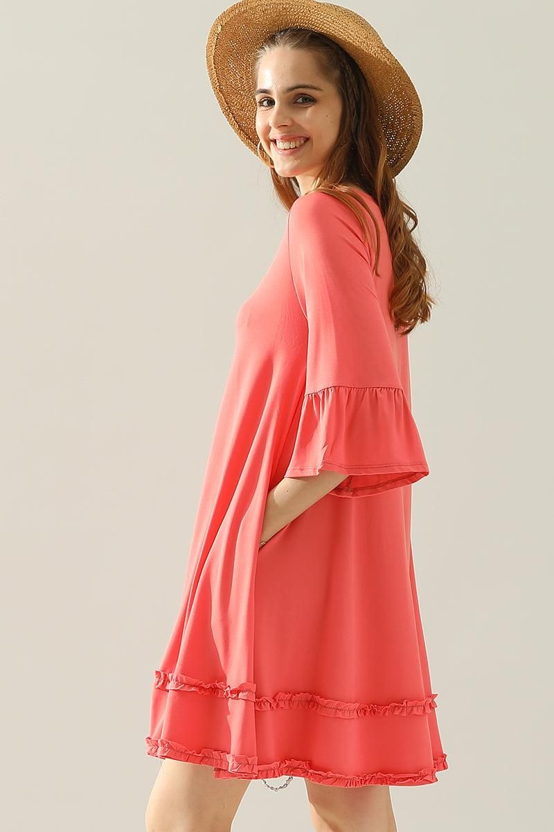 3/4 SLEEVE TIERED DRESS WITH SMALL RUFFLE DETAILS - Doublju