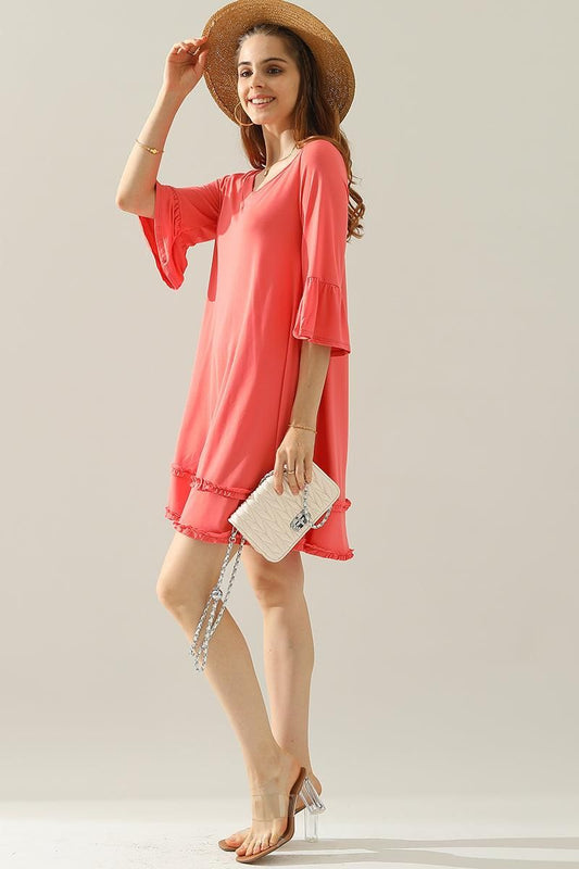 3/4 SLEEVE TIERED DRESS WITH SMALL RUFFLE DETAILS - Doublju