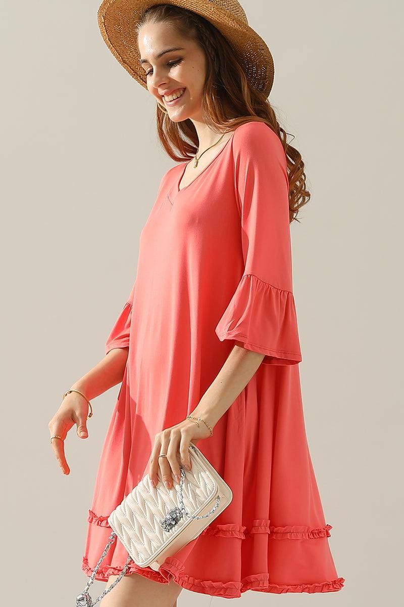 3/4 SLEEVE TIERED DRESS WITH SMALL RUFFLE DETAILS - Doublju