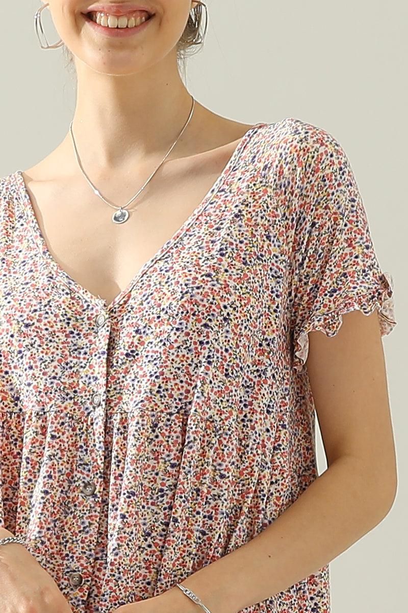 V NECK BUTTON DOWN WITH RUFFLE SLEEVE DRESS - Doublju