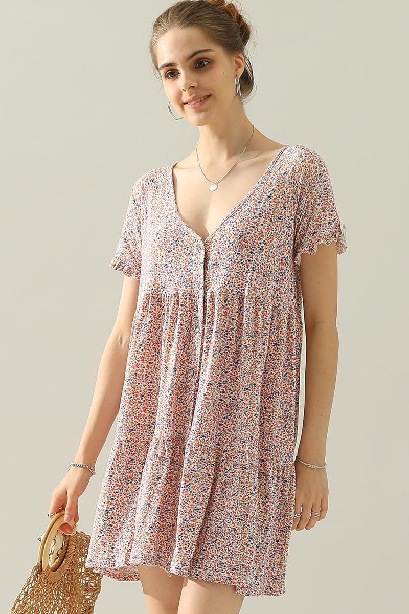 V NECK BUTTON DOWN WITH RUFFLE SLEEVE DRESS - Doublju