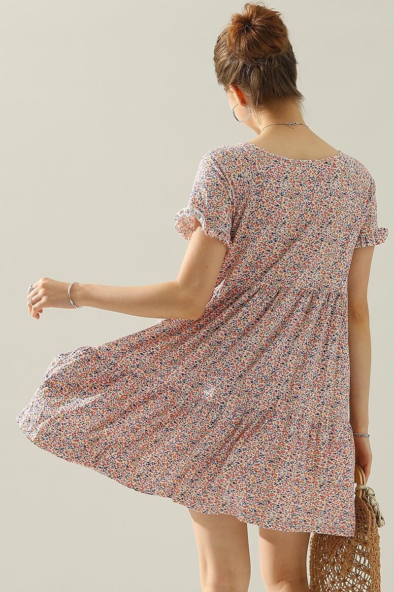 V NECK BUTTON DOWN WITH RUFFLE SLEEVE DRESS - Doublju