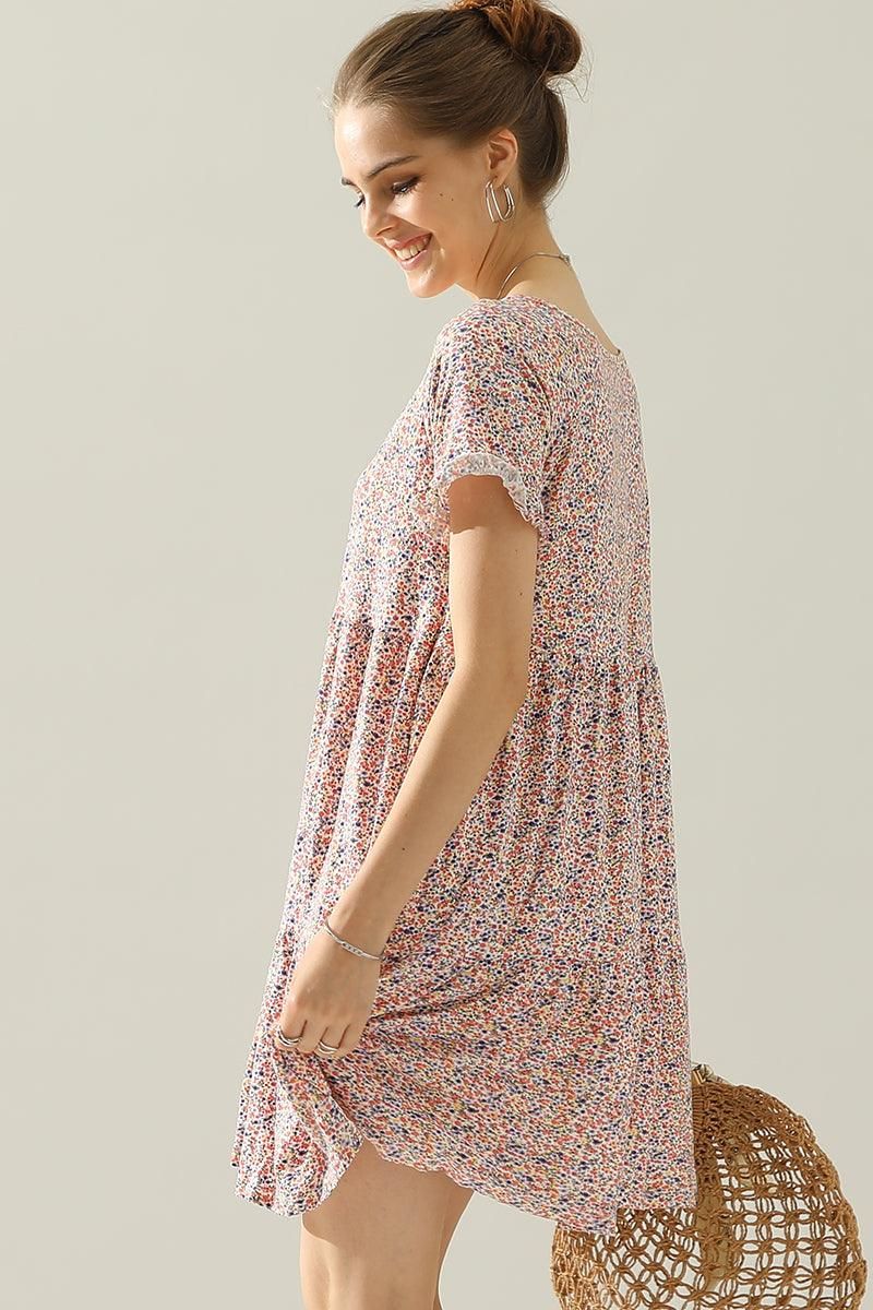 V NECK BUTTON DOWN WITH RUFFLE SLEEVE DRESS - Doublju