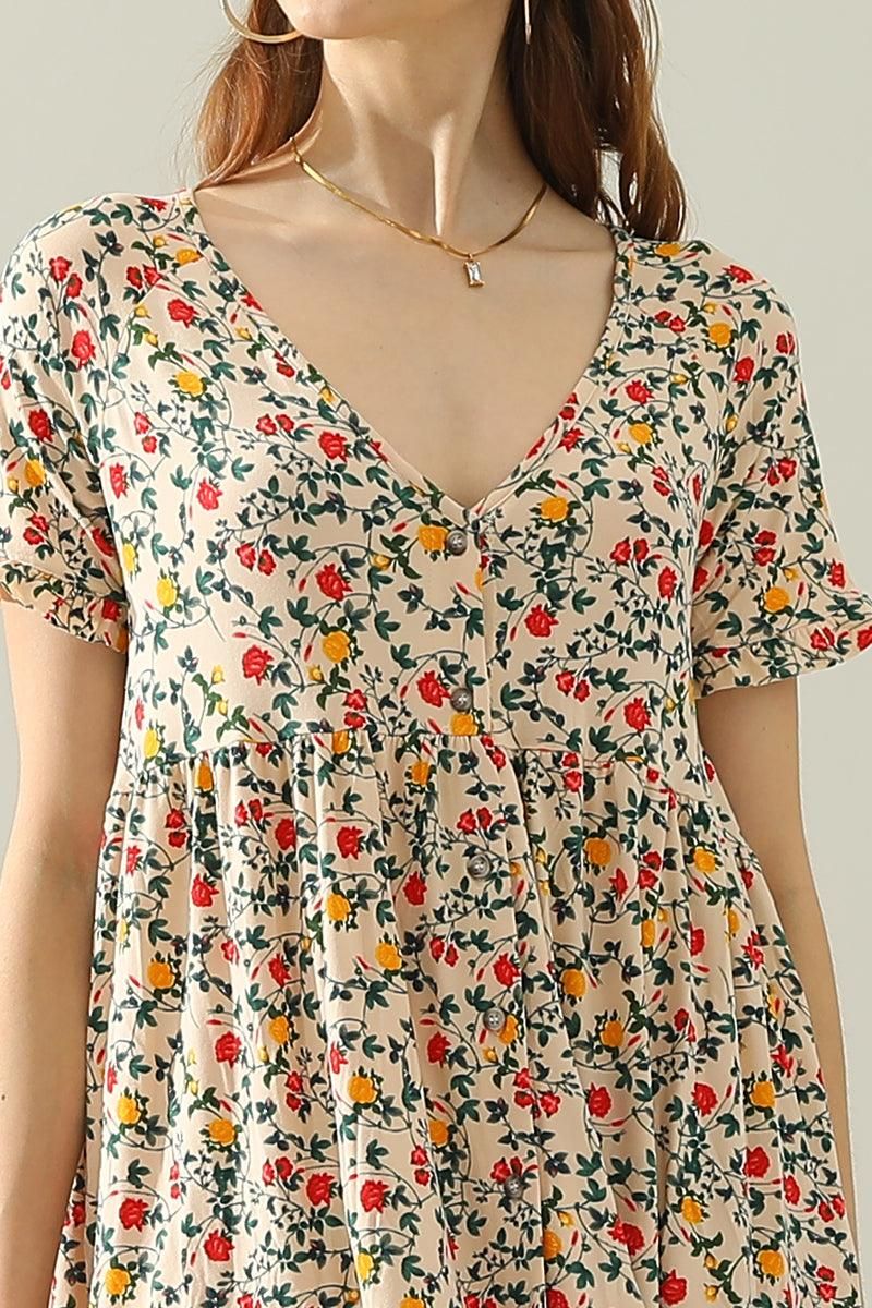 V NECK BUTTON DOWN WITH RUFFLE SLEEVE DRESS - Doublju