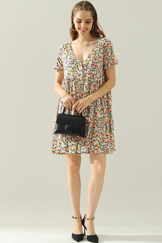V NECK BUTTON DOWN WITH RUFFLE SLEEVE DRESS - Doublju