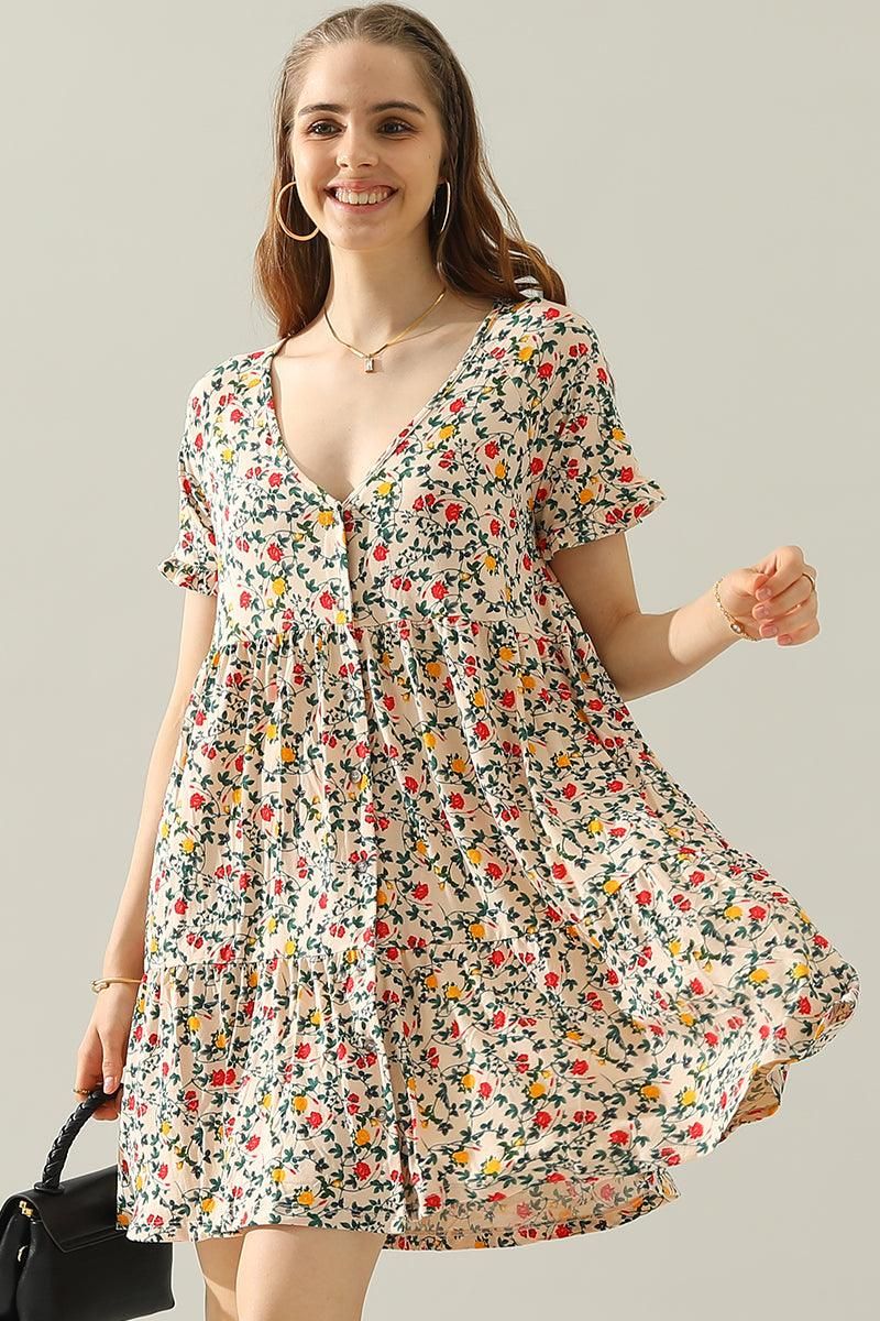 V NECK BUTTON DOWN WITH RUFFLE SLEEVE DRESS - Doublju