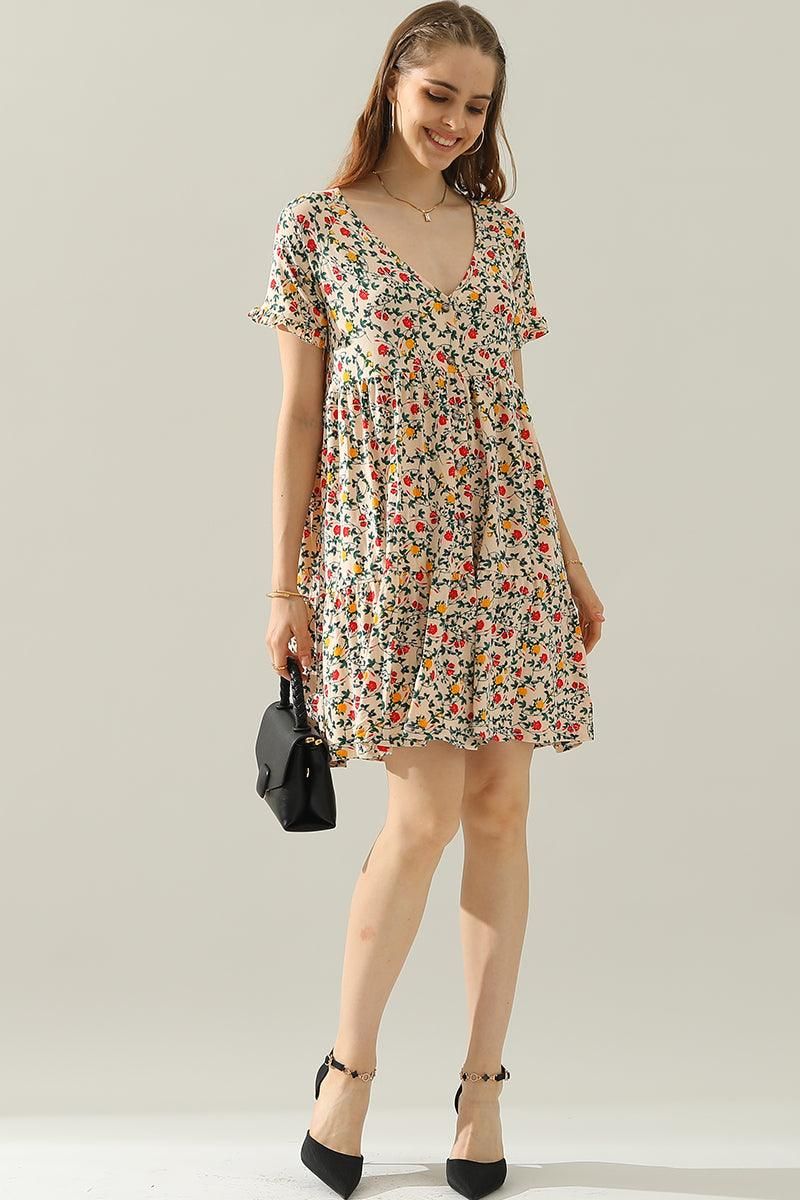 V NECK BUTTON DOWN WITH RUFFLE SLEEVE DRESS - Doublju