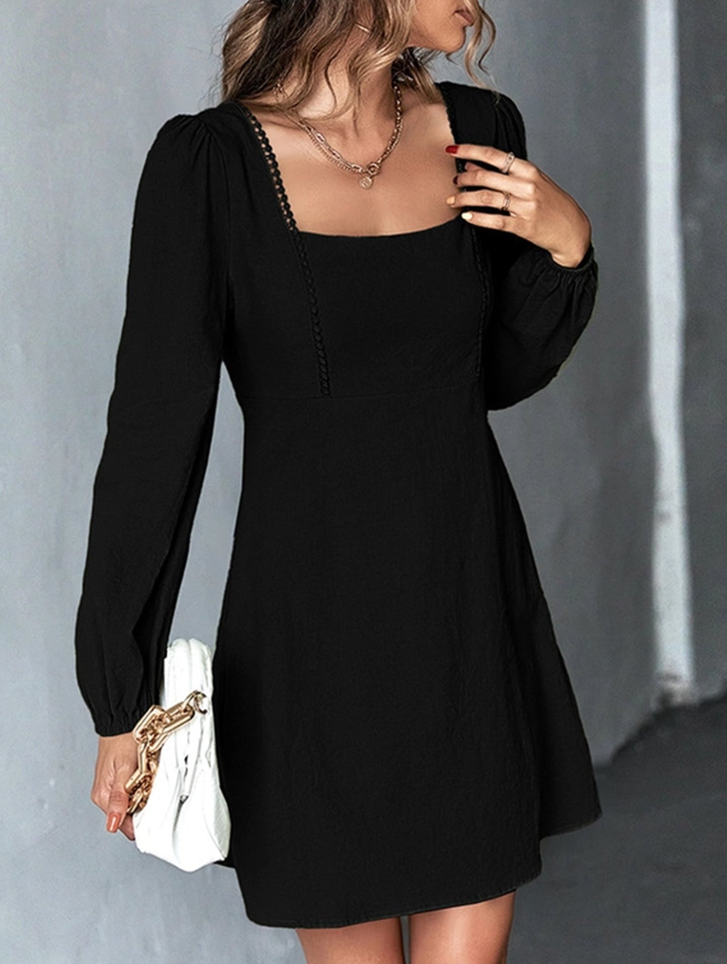 Lace Patchwork Dress with Square Neck and A-Line Fit